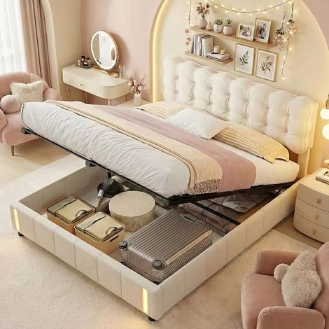 Lit coffre 140x190 cm Lit double Avec boîte de lit Lumières LED avec capteur Lit rembourré tissu de velours - Beige (1/5)
