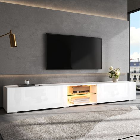 Mobile porta TV con illuminazione LED controllabile tramite app, ante lucide e ripiano trasparente, 200x30x30 cm, bianco (1/5)