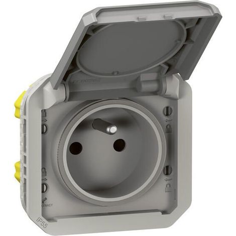 Legrand – Prise de courant étanche 2P+T 16A 250V IP55 IK08 – Enjoliveur gris – Pour chantiers humides – LEG069551L