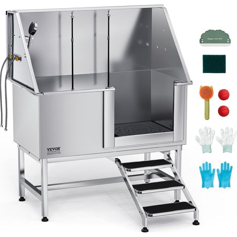 Baignoire de Chien Acier Inoxydable, Baignoire de Toilettage pour Animaux de Compagnie 127 cm Station de Lavage Chat, avec Escalier, Panneau Filtre à Eau, Robinet, Pommeau Douche, Porte Droite (1/5)