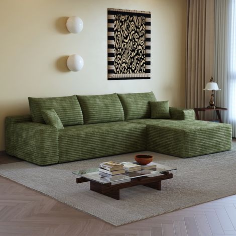 Divano angolare modulare 270 cm in tessuto verde, chaise longue a L, senza montaggio (1/5)