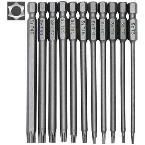 Coffret d'embouts Torx longs 11 pièces pour tournevis et visseuses électriques - Embouts magnétiques - Entraînement hexagonal 1/4" - Tailles T6 à T40 - Longueur 100 mm (1/4)