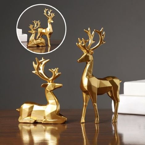 2 pcs Statue de cerf doré, avec posture assise et debout, ornements d'animaux en résine décoration de meuble TV de salon (1/4)