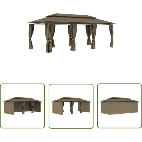 The Living Store Belvédère avec rideaux 600x298x270 cm Taupe 180 g/m² - Tente De Reception - Abri Jardin - Parasol - Auvent - Structure Exterieure (1/5)