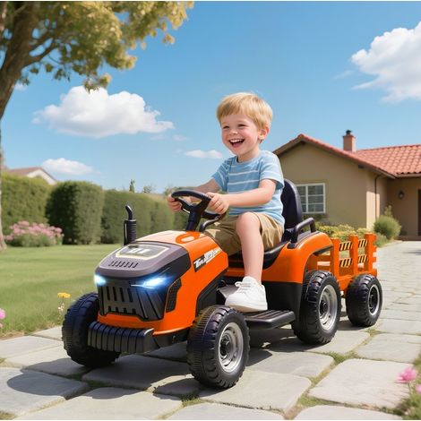 Tractor eléctrico para niños con remolque desmontable, 12 V, naranja OKMYHOME (1/5)