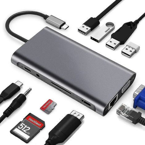 Hub Docking Station Type-C - 11 Ports - HDMI VGA Ethernet USB 3.0 Audio SD TF - Pour Ordinateur Portable - 1 Pièce (1/5)