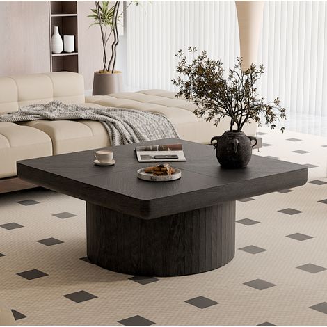 Mesa baja cuadrada 78x78x38 cm de madera negra, efecto marquetería, fácil de montar FloraGrace (1/5)