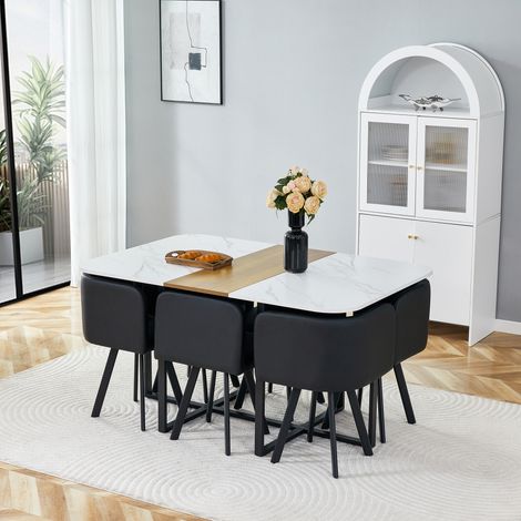 Ensemble économique 7 pièces pour la cuisine et la salle à manger : table en bois mélaminé, chaises avec revêtement en polyuréthane structure en fer avec revêtement en poudre noir (1/5)