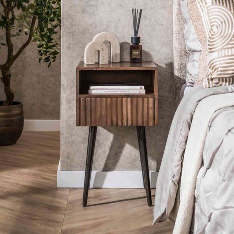 Chevet 1 tiroir 35x61 cm en acacia brun foncé et bronze - KIRVE (1/5)