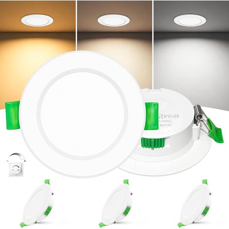 Lot de 3 Spots LED Encastrables Extra Plat 23mm, 5W Dimmable 0-100% avec Variateur, 2700K/4000K/6000K, IP44 Spot Salle de Bain, CRI 90, Découpe Ø68-75mm, 230V, Blanc (1/5)
