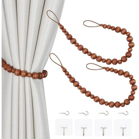 Lot de 2 embrasses de rideaux en perles de bois pour mur, rideaux de fenêtre avec crochets (café, 2) (1/5)
