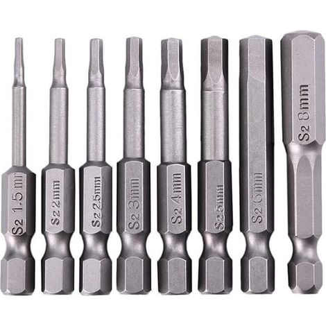 8pcs 50mm Embout Allen Visseuse Hex Tige Tournevis en Acier S2 Embouts de Tournevis Magnétiques à Queue de 1/4 Pouce H2,5-H8 (1/5)