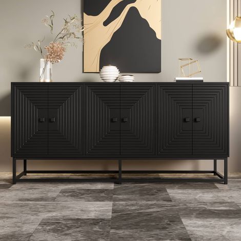 Buffet bas de salon, 160 x 38 x 75.5 cm, 6 portes avec grands compartiments, panneaux de particules, moderne, noir (1/5)