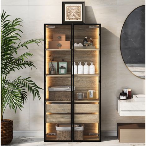 meuble rangement mural LED 73 cm bois verre naturel OKMYHOME (1/5)