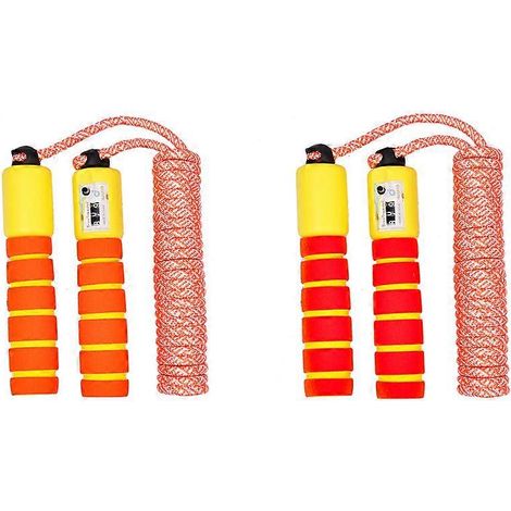 Cordes à sauter pour enfants, réglables et souples, avec poignées en mousse, rouges avec des touches de jaune et d'orange, en coton. (1/4)