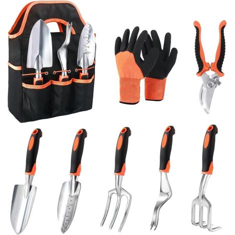 Ensemble de 8 outils de jardinage avec poignées ergonomiques antidérapantes, ensemble d'outils de jardinage robustes pour femmes, cadeau d'outils de jardinage unisexe, orange. (1/5)