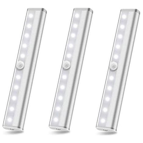 Lot de 3 lampes LED à détecteur de mouvement sans fil – 10 LED – Détection jusqu'à 10 pieds – Installation sans outil – Éclairage sous armoire (1/5)
