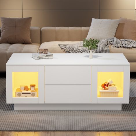 Table basse blanche laquée brillante 100x50x40cm, éclairage LED piloté par app, rangement, table de salon et table d'appoint (1/5)