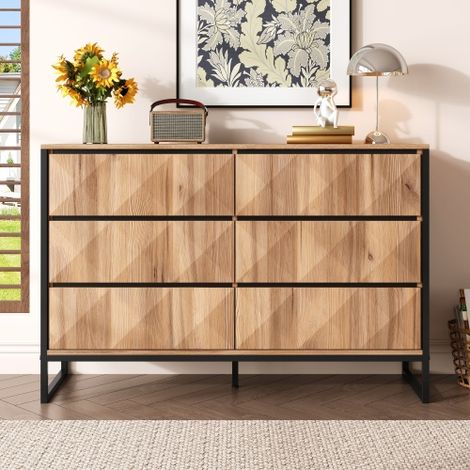 Commode 120x40x80 cm avec 6 tiroirs, pieds en métal, en bois, noir et naturel (1/5)