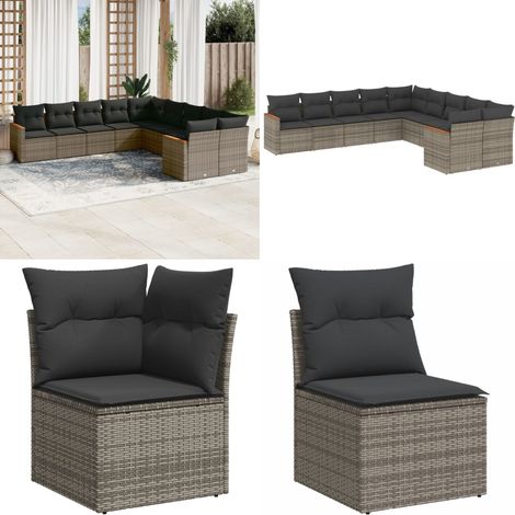 10-tlg. Garten-Sofagarnitur mit Kissen Grau Poly Rattan - Gartensorgaunität - Polyethylen-Rattan - Gartenmöbelset - Lounge Set - Terrassenmöbel - Home & Living (1/5)