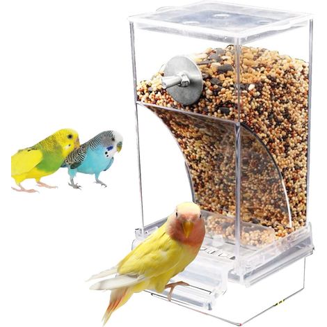 Mangeoire Automatique pour Oiseaux Cage à Oiseaux Anti-Gaspillage Distributeur de Nourriture Transparent pour Perruches Canaris Inox et Acrylique avec Perchoir (1/5)