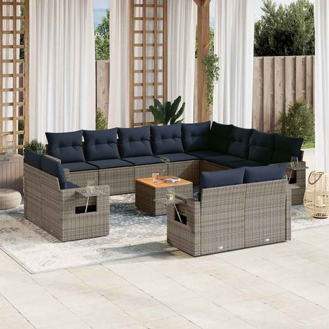 Salon de Jardin Modulaire 13 Pièces en Résine Tressée Grise avec Coussins Bleu Marine - PANGIVO (1/5)