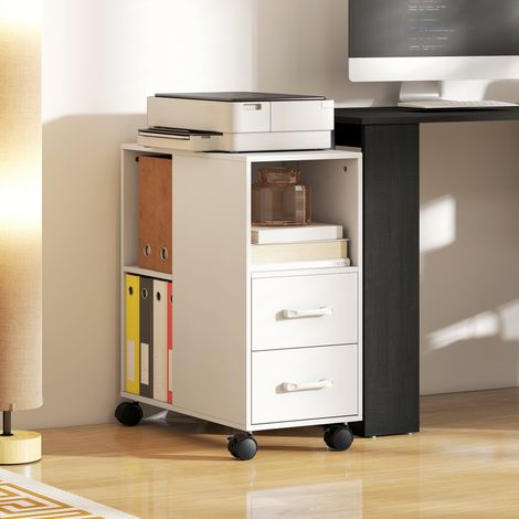 Support pour imprimante, meuble de rangement à roulettes avec tiroirs, étagère réglable et compartiment ouvert, blanc (1/5)
