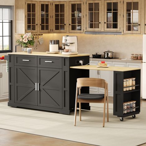 Mueble de cocina móvil extensible con enchufes, 2 cajones, MDF OKMYHOME (1/5)