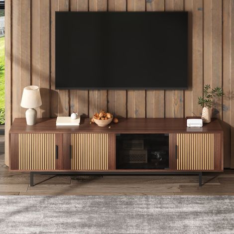 Meuble TV 200 cm, banc TV lowboard salon avec LED intelligente bluetooth, meuble de rangement et métal moderne, noir et marron noyer (1/5)