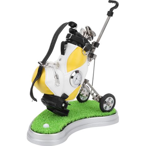 Mini porte-stylo de golf de bureau en alliage de zinc avec base en forme de sac de golf, horloge et stylos souvenirs. Cadeau idéal pour les golfeurs. (1/5)