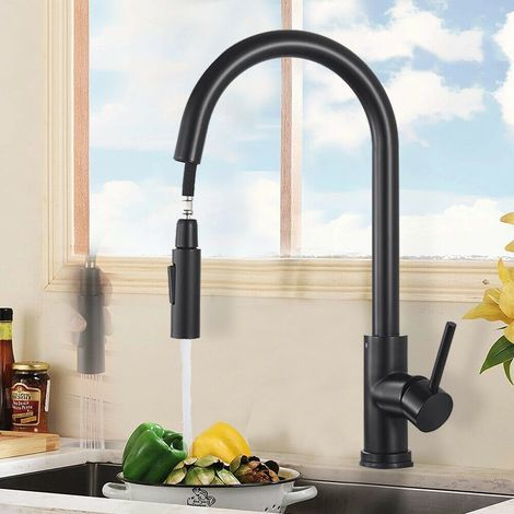 Robinet de cuisine avec douchette extractible, mitigeur d'évier pivotant à 360° en acier inoxydable, noir mat, mitigeur de cuisine à 2 fonctions (1/5)