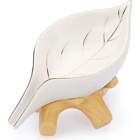 Porte-savon en céramique en forme de feuille, accessoire pour salle de bain, douche, cuisine, cadeau de mariage (blanc et or) (1/5)