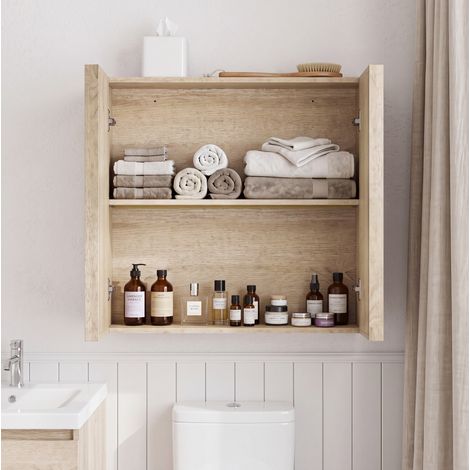 Badezimmerschrank wandhängend mit 2 Türen, grifflos, 60 x 21,6 x 58 cm, Eichenoptik OKMYHOME (1/5)