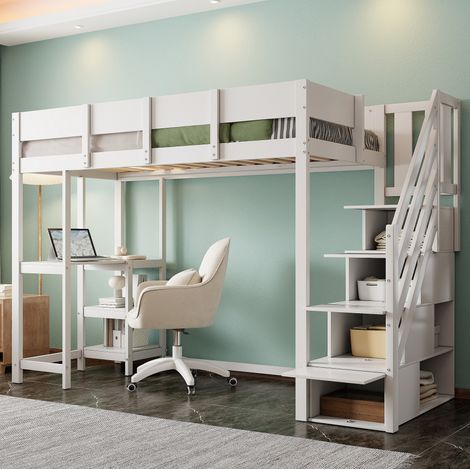 Lit mezzanine en bois blanc 90x200 cm avec rangement, étagère intégrée et sommier à lattes (1/5)