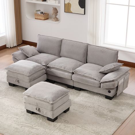 FloraGrace Canapé modulaire 3 places, 260 x 132 x 84 cm, corduroy gris clair, USB C, poches latérales, pouf de rangement (1/5)