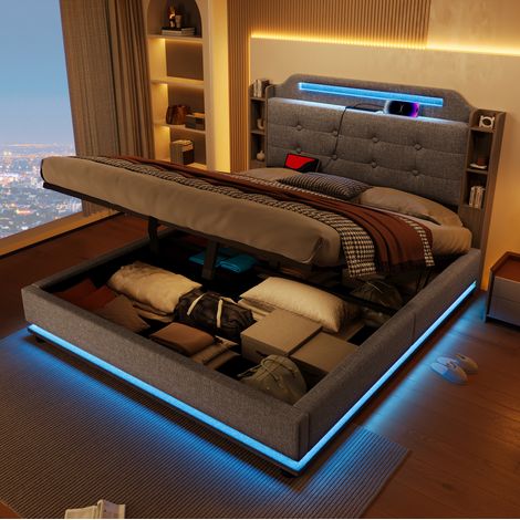lit adulte lit coffre rangement 140x200 LED gris OKMYHOME (1/5)