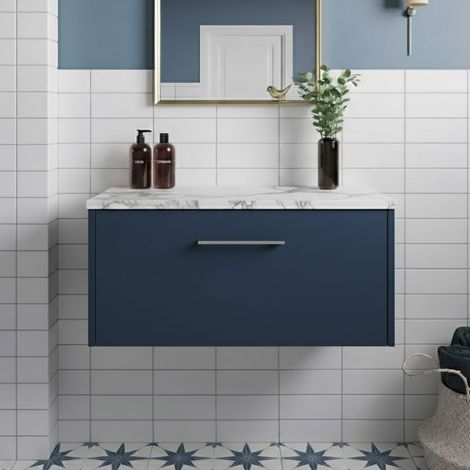 Hudson Reed Juno Wall Hung 1-Drawer Vanity with Carrera Marble Worktop 800mm Wide - Midnight Blue (1/4)