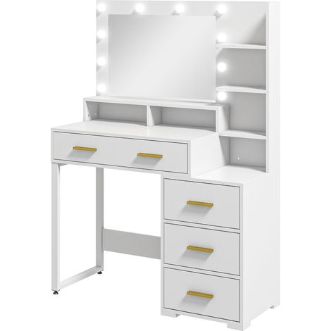 Coiffeuse miroir LED 4 tiroirs CHLOË blanche et or (1/4)