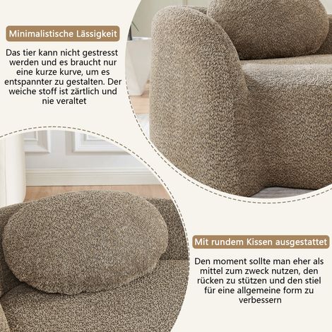 Canapé design arrondi en tissu polaire doux, garni de coussins confortables, parfait pour séjour, chambre ou studio, teinte brun chaleureux. (1/5)