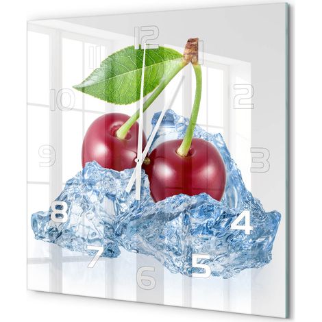 Grande Horloge Murale Carrée Déco Salon Verre Trempé Silencieuse Design Contemporain Cerise avec de la glace 60x60 cm (1/5)