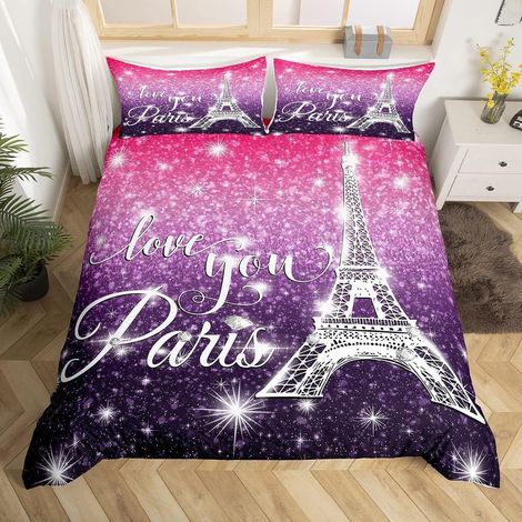 Housse de Couette 140x200 Ensemble de Literie Tour Eiffel Pour Enfants,Parure de Lit Ciel Étoilé Pour Garçons Filles Adolescents,Housse Couette Thème Romantique Français Décoration Violette (1/5)