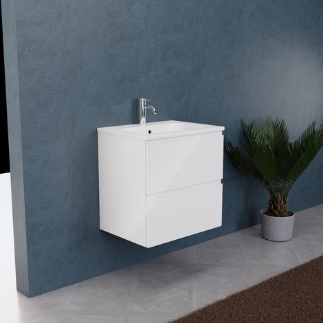 Inda - Badezimmerschrank B.60 mit matt/glänzend weißem Waschbecken 2 Schubladen - Rubin (1/5)
