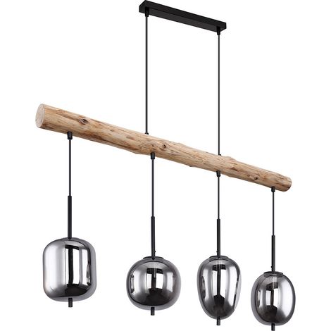 Hängelampe Holzlampe 4 flammig Glasschirm rauchfarben Pendelleuchte Hängeleuchte Wohnzimmerlampe, Metall Glas, schwarz natur, 4x E14 Fassungen, LxBxH 100x18,5x130 cm