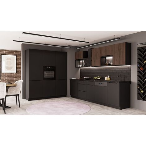 Küche SIENA + MONZA LOFT 280 + 180 cm Küchenzeile Küchenblock Einbauküche Nussbaum Okapi + Schwarz matt (1/5)