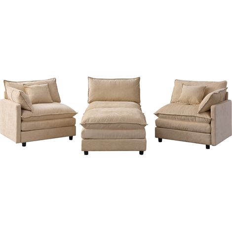 Modulares Ecksofa aus Chenille, 3-Sitzer mit Chaiselongue und Hocker, hellbeige (1/5)