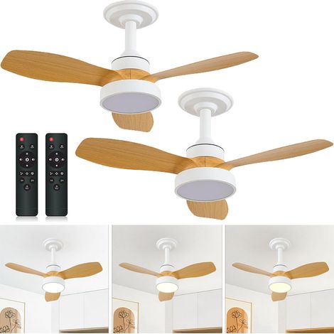 Ventilateur de plafond silencieux avec éclairage pour chambre à coucher (2 pièces), 3 vitesses, amovible, minuterie, blanc et couleur imitation bois (1/5)