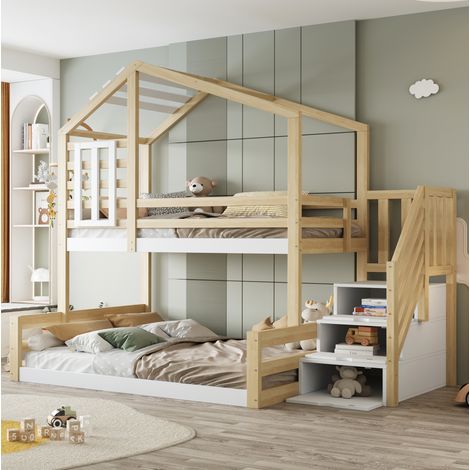 DESVIAE Lit superposé enfant 90 x 200 cm avec fenêtre maison échelle de rangement garde corps pin et MDF couleur naturelle (1/5)