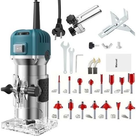 Fraiseuse verticale 800 W, défonceuse électrique pour bois, 30 000 tr/min Fraiseuse électrique à 6 vitesses variables avec 15 fraises à rainurer pour chanfreiner, rainurer, fraiser, poinçonner (1/5)