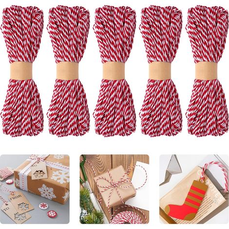 250 m de ficelle en coton rouge et blanc - 100 % coton - Idéal pour la pâtisserie, le bricolage, la décoration de Noël, l'emballage de cadeaux (1/5)