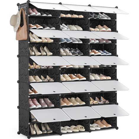 Meuble à Chaussures avec 15 Compartiments pour 60 Paires de Chaussures, Armoire à Chaussures en Plastique, Étagères de Rangement Portable Modulable avec Crochets Latéral pour Entrée/Salon, Mondeer
